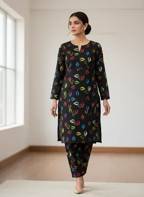 Women Printed 2 Pcs Suit Black Polo Cotton thumbnail 3