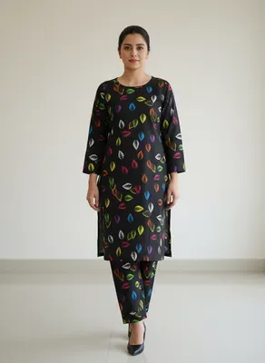 Women Printed 2 Pcs Suit Black Polo Cotton thumbnail 4