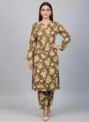 Women Printed 2-Piece Suit Brown Polo Cotton