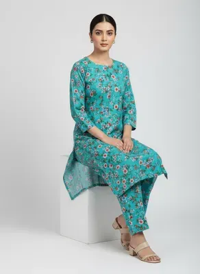 Turquoise Printed 2 Pcs Women's Suit Micro Polo Cotton thumbnail 3