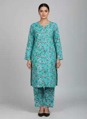 Turquoise Printed 2 Pcs Women's Suit Micro Polo Cotton thumbnail 5