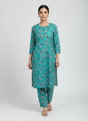 Turquoise Printed 2 Pcs Women's Suit Micro Polo Cotton thumbnail 6