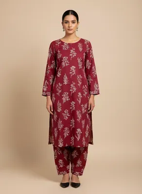 Women Unstitched Printed Suit Red 2 Pcs Micro Polo Cotton