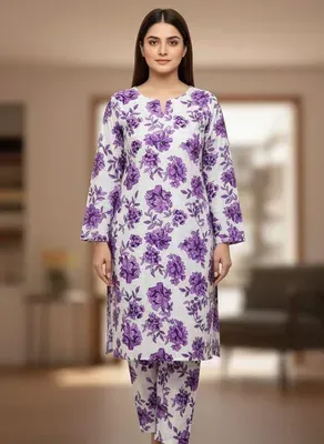 Women's Unstitched Printed Suit White Floral 2 Pcs