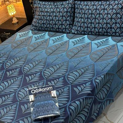 Blue Cotton Printed Double Bedsheet 3 Pcs Set