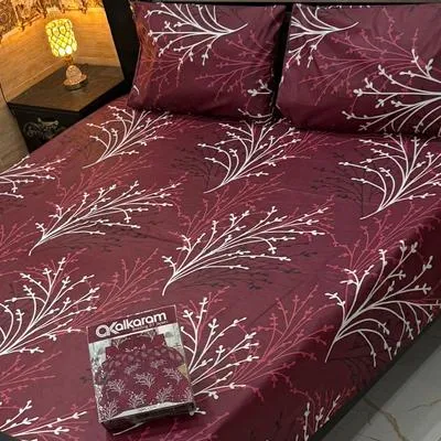 Stylish 3 Pcs Cotton Salonica Printed Double Bedsheet