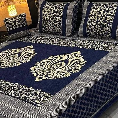 Blue Velvet Jacquard Double Bedsheet Set 4 Pcs