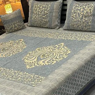 Grey Velvet Jacquard Double Bedsheet Set 4 Pcs
