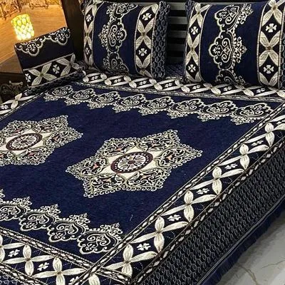 Blue Velvet Jacquard Double Bedsheet Set 4 Pcs