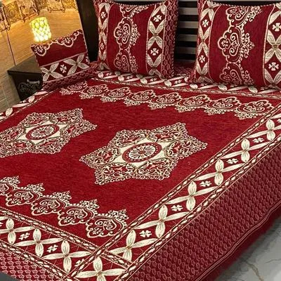 Red Velvet Jacquard Bedsheet Set for Double Bed