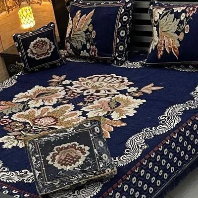 Blue Velvet Jacquard Bedsheet 4 Pcs Double Bed Set