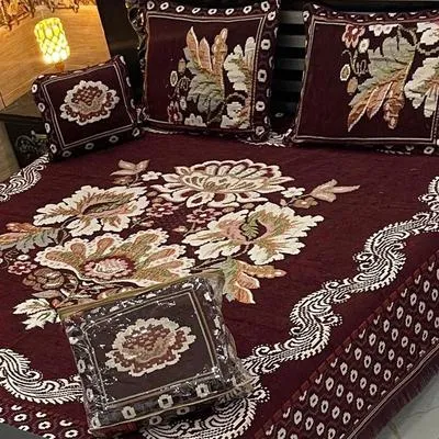 Maroon Velvet Jacquard 4 Pcs Bed Sheet Set