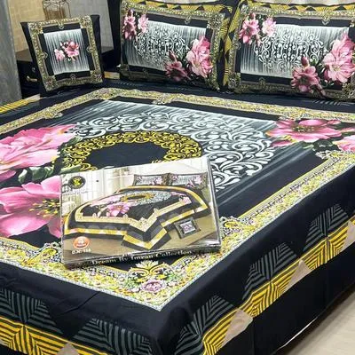 Crystal Cotton Floral Bedsheet Set Black Gold Double Bed