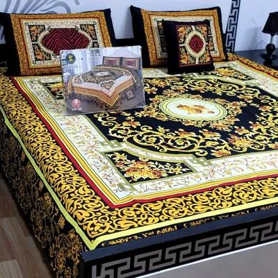 Crystal Cotton Printed Double Bedsheet Set Black Gold Red