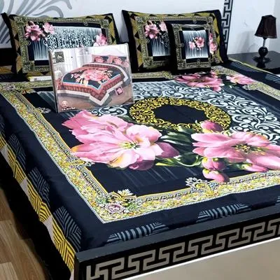 Luxurious 3D Floral Bedding Set Black Pink Gold