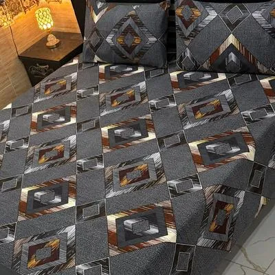 Crystal Cotton Printed Double Bedsheet Set Black Geometric Pattern