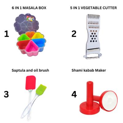 4 Pcs Set - Vegetable Cutter, Spatula and Brush set, Masala Box, Shami Kabab Maker