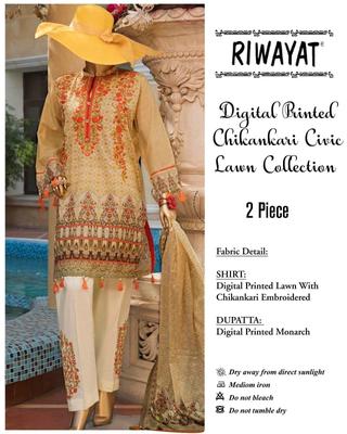 Stylish Multicolor Chikankari Embroidered Lawn Suit - 2 Pcs