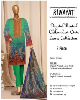 Stylish Multicolor Chikankari Embroidered Lawn Suit - 2 Pcs