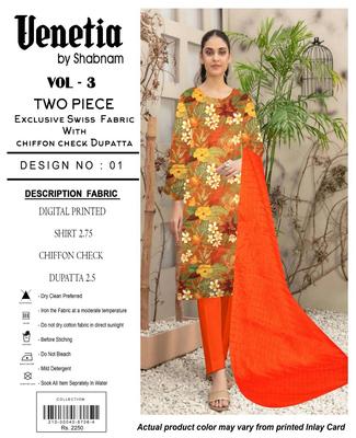 Women's Swiss Lawn Digital Print Suit with Chiffon Dupatta - 2 Pcs