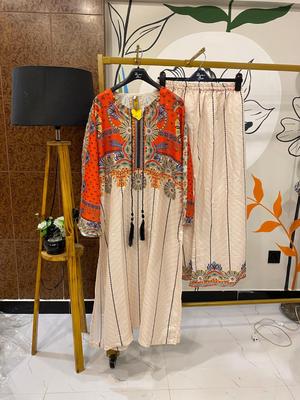 2 Pcs Women's Stitched Swiss Lawn Printed Shirt And Trouser