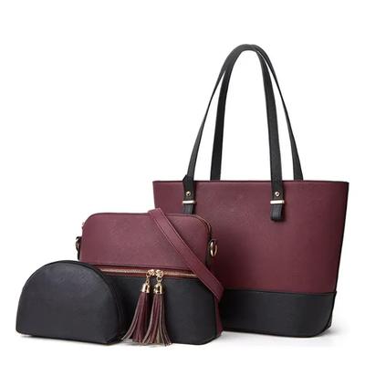 Chic Women's PU Leather Hand Bag Set - 3 Pcs in Maroon and Black