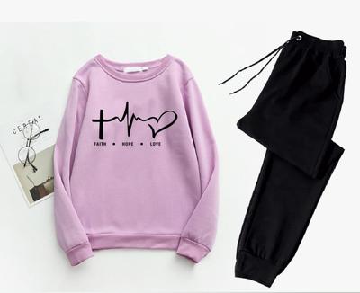 2 Pcs Women's Stitched Fleece Printed Sweatshirt Tracksuit