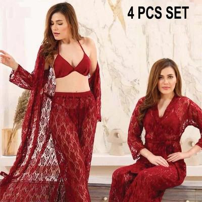 Maroon Embossed Net Nightwear Set - Comfortable & Lightweight, Free Size