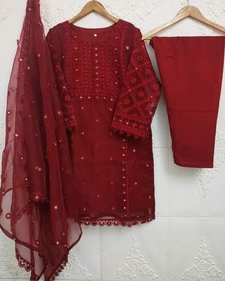 3 Pcs Girl's Organza Embroidered Kurta And Shalwar Suit