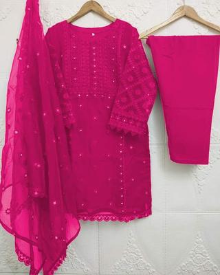 3 Pcs Girl's Organza Embroidered Kurta And Shalwar Suit