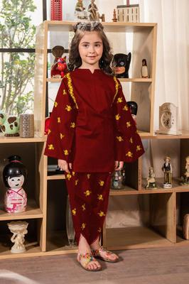 2 Pcs Girl's Cotton Embroidered Shirt And Trouser Suit