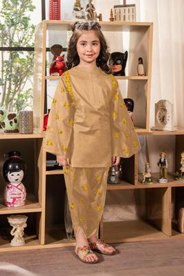 2 Pcs Girl's Cotton Embroidered Shirt And Trouser Suit