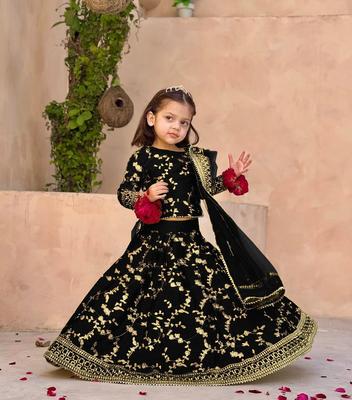 3 Pcs Girl's Silk Embroidered Shirt And Skirt Set