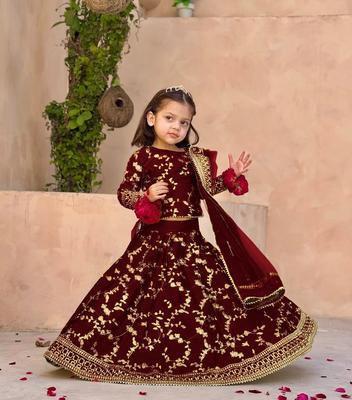 3 Pcs Girl's Silk Embroidered Shirt And Skirt Set