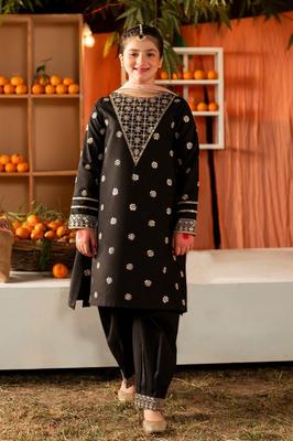 2 Pcs Girl's Cotton Embroidered Shirt And Trouser Suit