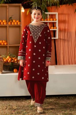 2 Pcs Girl's Cotton Embroidered Shirt And Trouser Suit