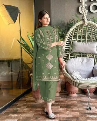 3 Pcs Women's Stitched Cotton Sequins Embroidered Suit thumbnail 2