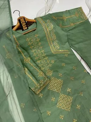 3 Pcs Women's Stitched Cotton Sequins Embroidered Suit thumbnail 4