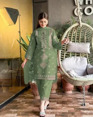 3 Pcs Women's Stitched Cotton Sequins Embroidered Suit thumbnail 5