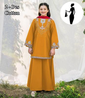 2 Pcs Girl's Stitched Cotton Embroidered Kurta