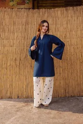 2 Pcs Women's Stitched Cotton Plain Shirt And Trouser thumbnail 2