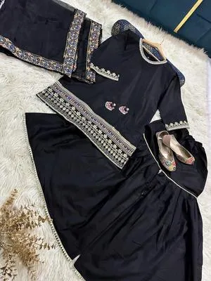 3 Pcs Women’s Stitched Shamoz Silk Embroidered Gharara Shirt