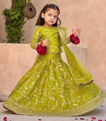Charming Yellow Embroidered Raw Silk Shirt And Skirt Set for Girl's - 3 Pcs