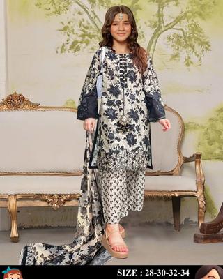 Stylish Girl's Printed Stitched Suit - 3 Pcs Set in Lawn Fabric