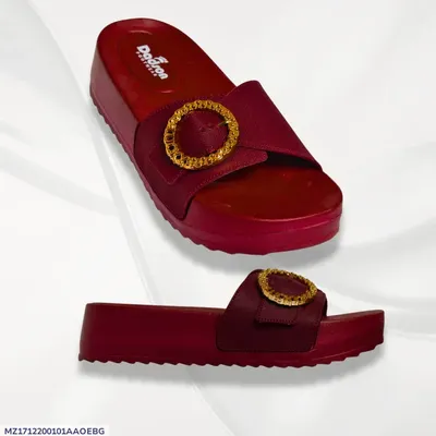 Women's Maroon Rexine Flat Sandals with Gold Buckle thumbnail 3