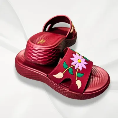 Women's Red Floral Rexine Slides Comfortable Office Wear thumbnail 3