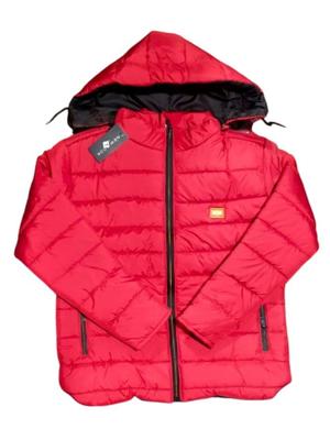 Men's Red Hooded Puffer Jacket - 1 Pc Parachute Fabric, Plain Style