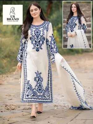3 Pcs Women's Stitched Organza Embroidered Suit
