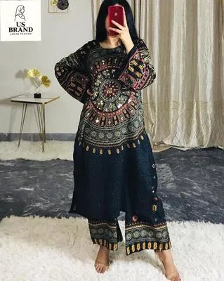 2 Pcs Women's Stitched Swiss Lawn Mirror Work Shirt And Trouser