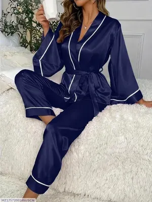 Blue Silk Nightgown Pajamas Set for Women 2 Pcs thumbnail 4
